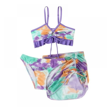

BULLPIANO Girl s 3 Piece Swimsuits Printed Bikini Bathing Suit with Cover Up