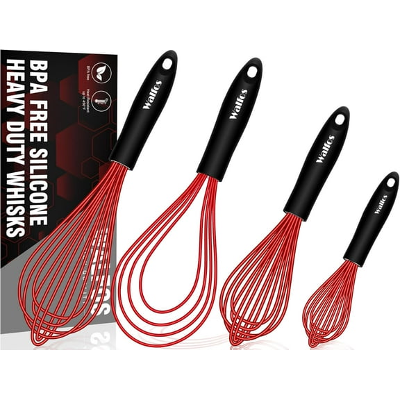 Walfos Whisk,Silicone whisks 11'' Flat Whisk and 7'' 9'' 11'' Balloon Wisk Set for Blending Beating Stirring and Kitchen Cooking.BPA Free and Heat Resistant 480°F.Red