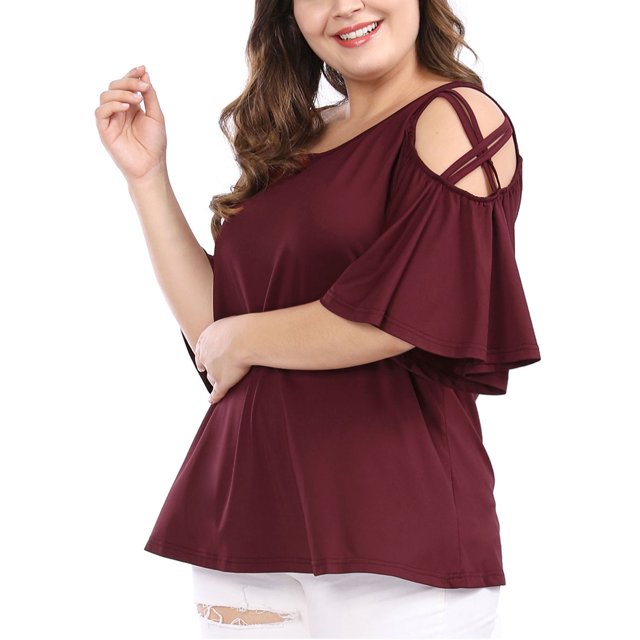 Agnes Orinda Women's Plus Size Valentines Day Summer Strappy Cold Shoulder Trumpet Sleeve Blouse 2X Red