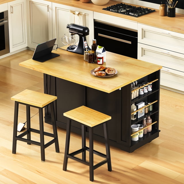 48 inch Large Kitchen Island with Drop Leaf,Power Outlet,Internal Storage Rack,Rolling Kitchen Storage Cart on 5 Wheels with 5 Open Side Racks,for Kitchen,Dining Room,Black