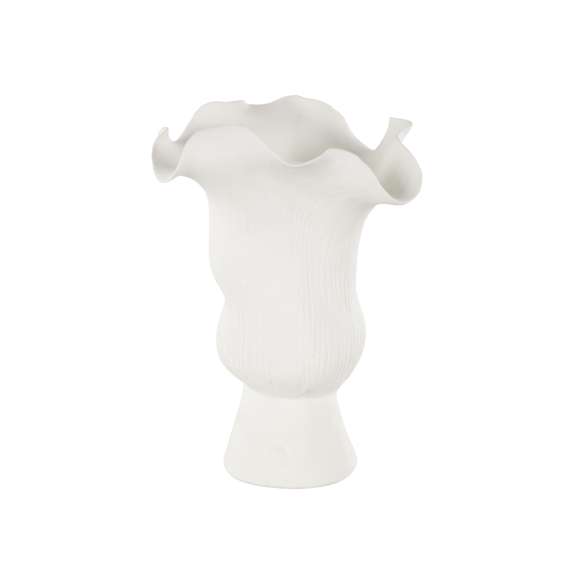 DecMode 11" Abstract Floral Inspired White Ceramic Vase with Wavy Folded Rim and Linear Grooves