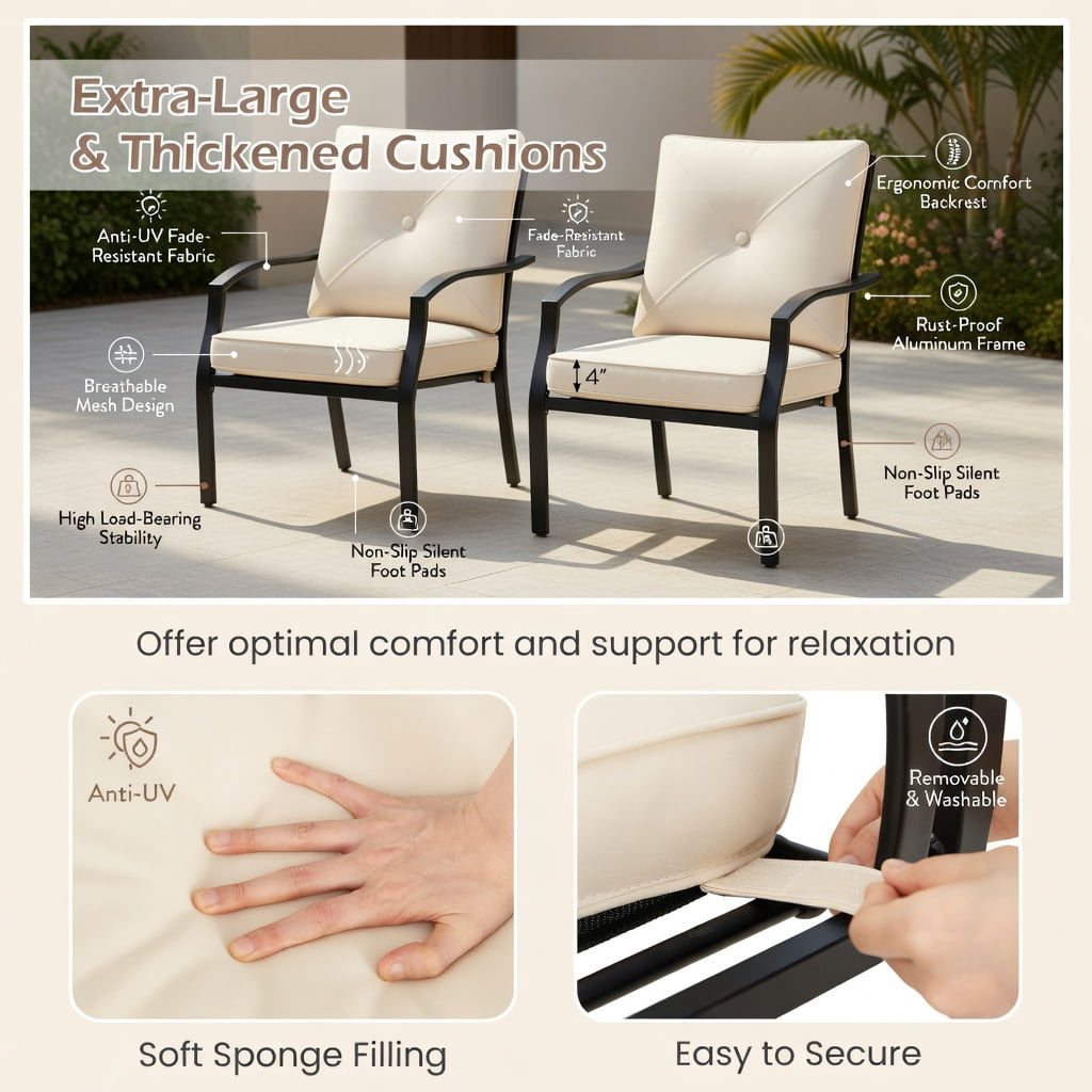 Hommoo 2-Pack Stackable Metal Outdoor Dining Chairs with Armrests, Olefin Cushions, Ergonomic Patio Seating for Backyard BBQs and Alfresco Dining, Beige & Black