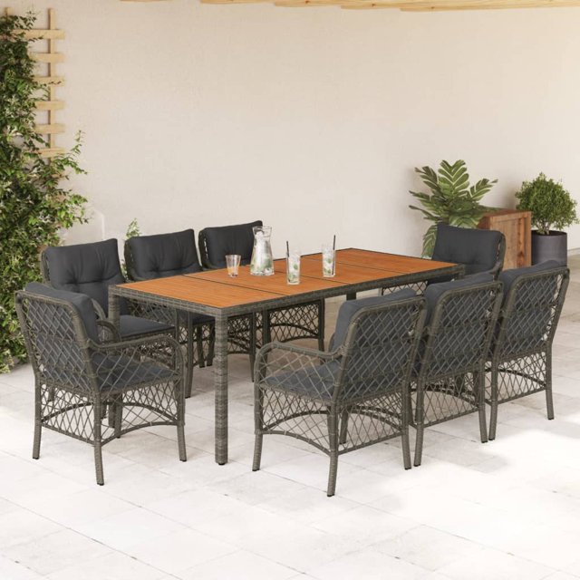 vidaXL 9 Piece Garden Dining Set with Cushions Grey Poly Rattan