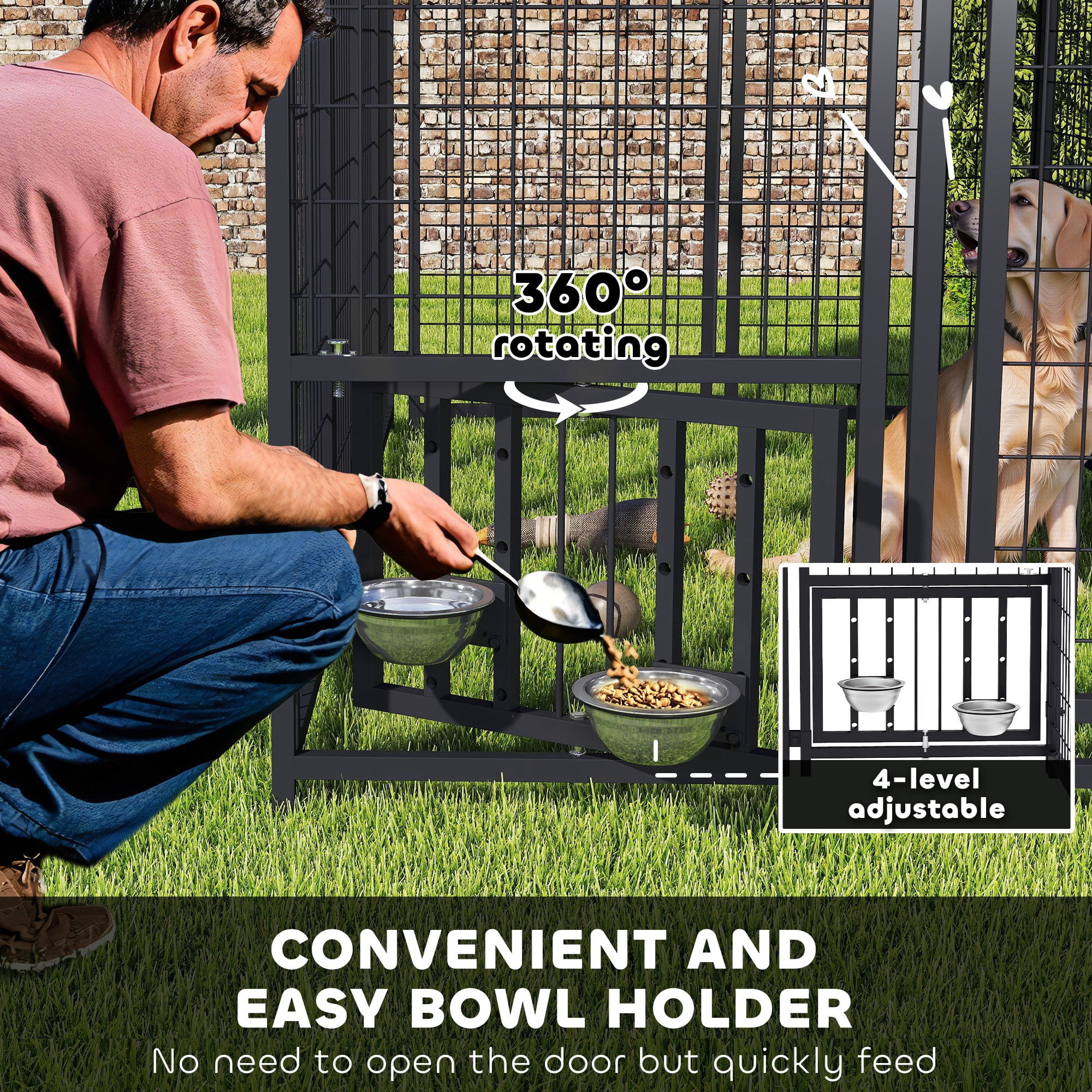 PawHut Outdoor Dog Kennel, Welded Wire Dog Run with 360° Rotating & 4 Levels Adjustable Bowls, Waterproof & UV Resistant Cover, 7.9' x 4' x 6'