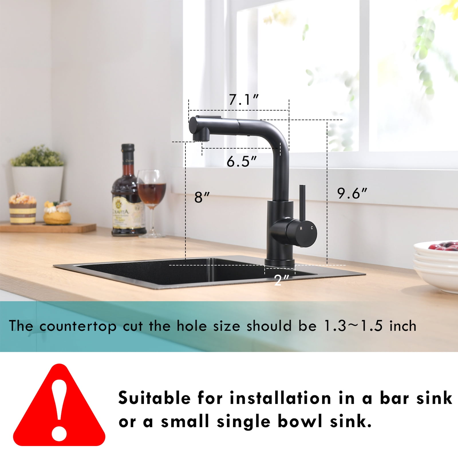 Black Kitchen Sink Faucet with Pull-Out Sprayer,Single Handle Mini Bar & Bathroom Prep Faucet,2" x 7.1" x 9.6"