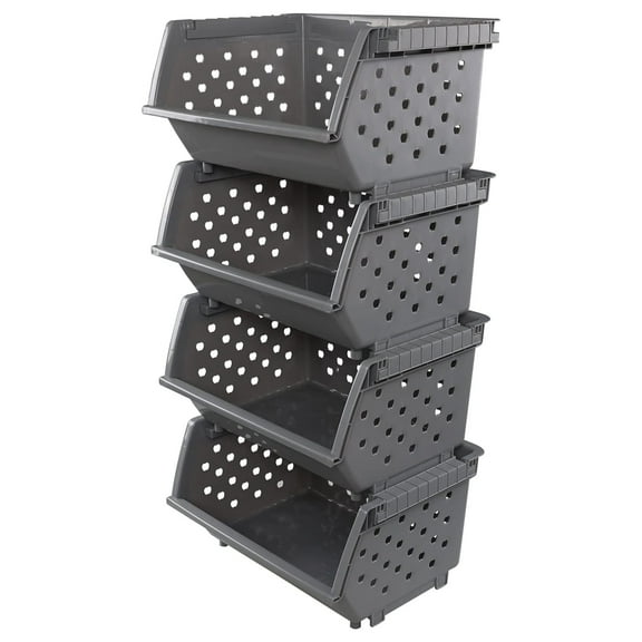 Zopnny 4-Pack Plastic Stackable Storage Basket Organizer, Kitchen Stacking Shelf Baskets, Grey