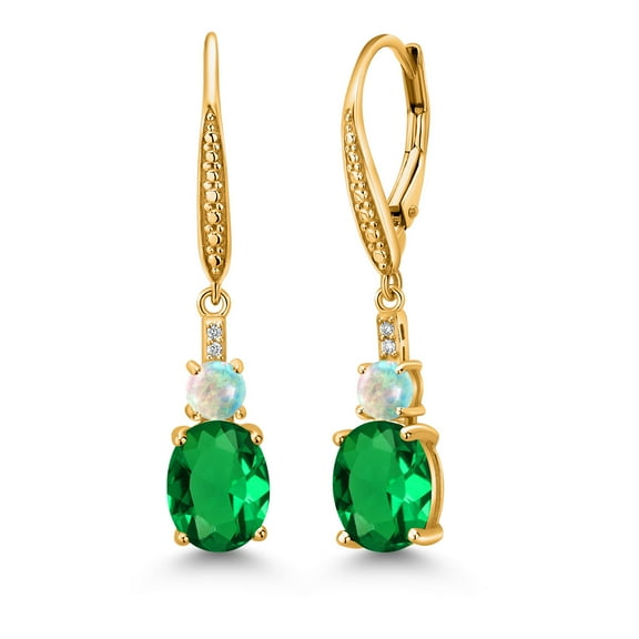 Gem Stone King 18K Yellow Gold Plated Silver Green Nano Emerald and White Opal Dangle Earrings for Women with Lab Grown Diamond (3.53 Cttw, Oval 9X7MM)