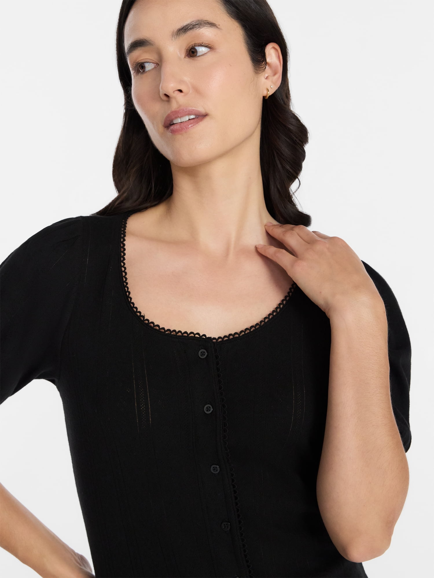 Time and Tru Women's Pointelle Top with Short Sleeves, Sizes XS-XXXL