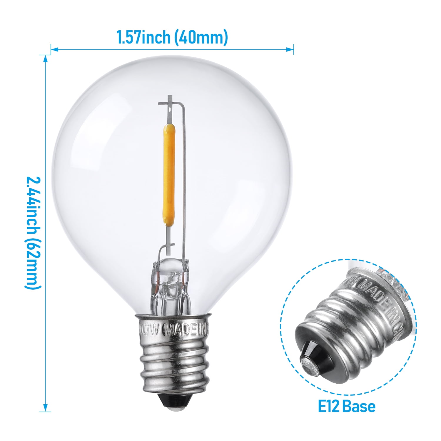 50 Pack G40 LED Light Bulbs, Clear Glass LED Replacement Bulbs, 2700K Soft White, 0.7W E12 Candelabra Base Globe Light Bulbs, Non-Dimmable LED Filament Bulb