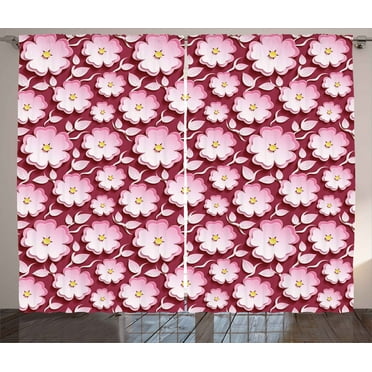Ambesonne Floral Curtains 2 Panel Set, Petal of Japanese Cherry, 108" x 96", Pale Pink Maroon Yellow