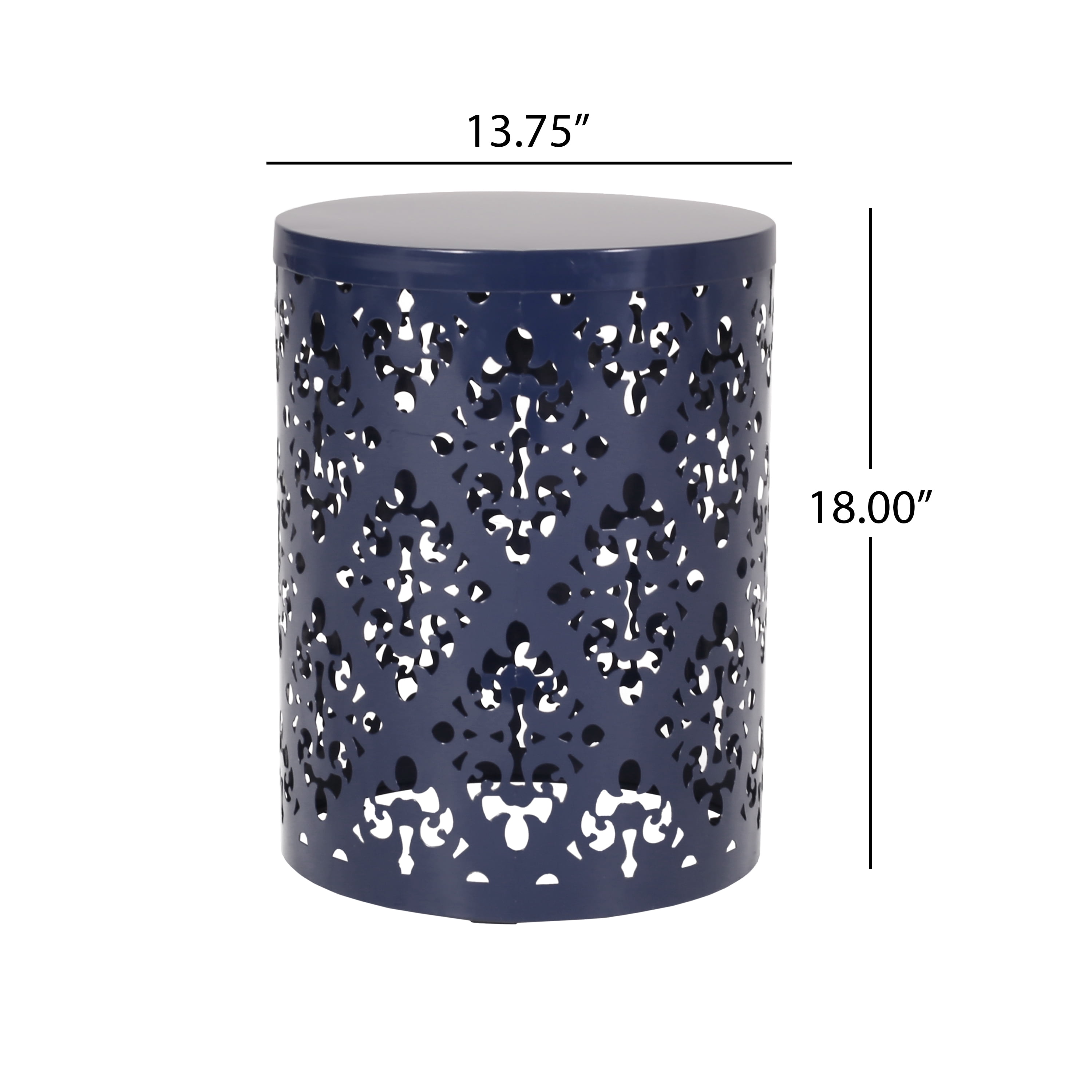 Outdoor Large Cylindrical Side Table, Floral Pattern Hollow Out Iron Tabletop for Patio Garden, Navy Blue