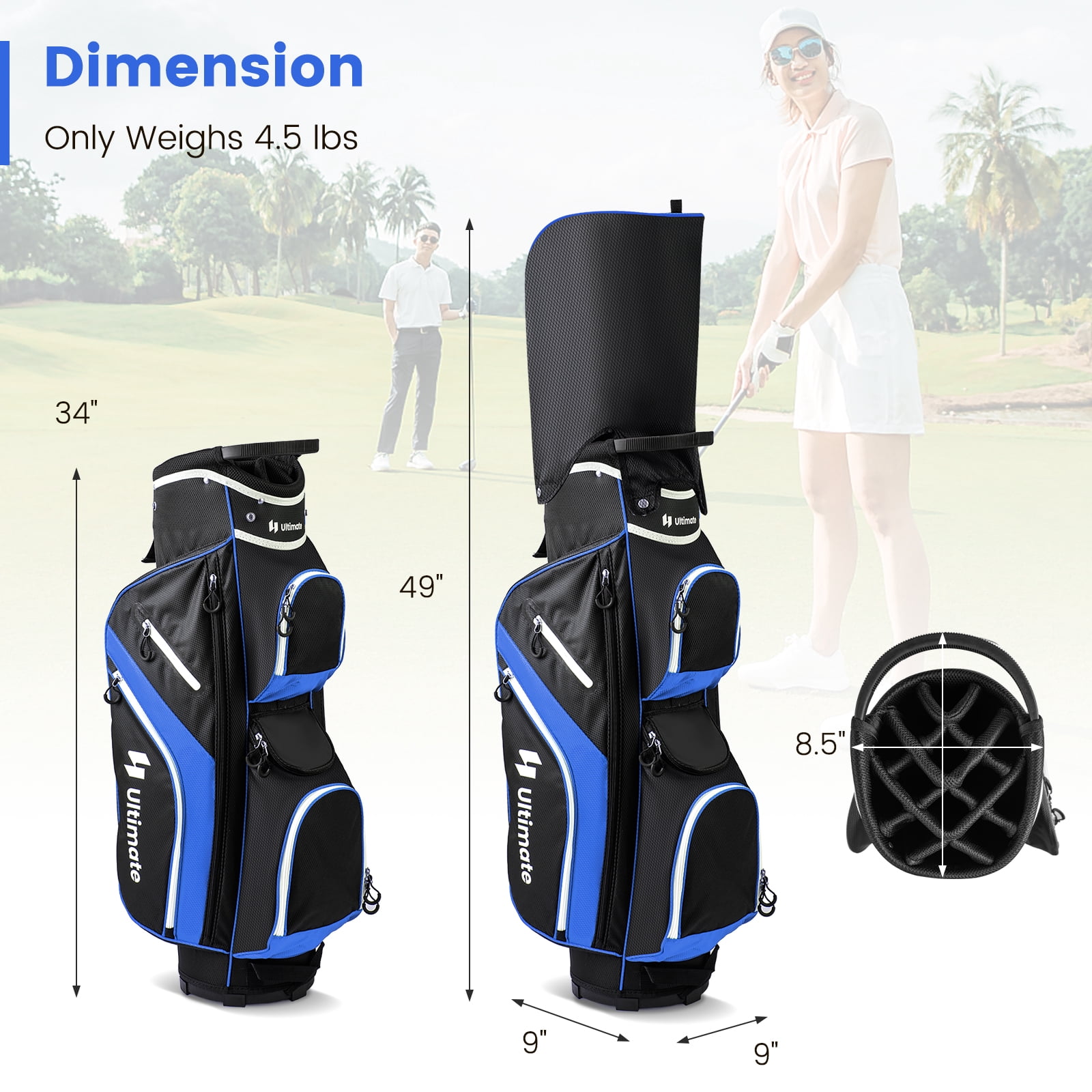 Topbuy 14-Way Golf Cart Bag Golf Club Bag with 14 Ways Organizer Divider Top 9 Zippered Pockets Cooler Bag Umbrella Holder Blue