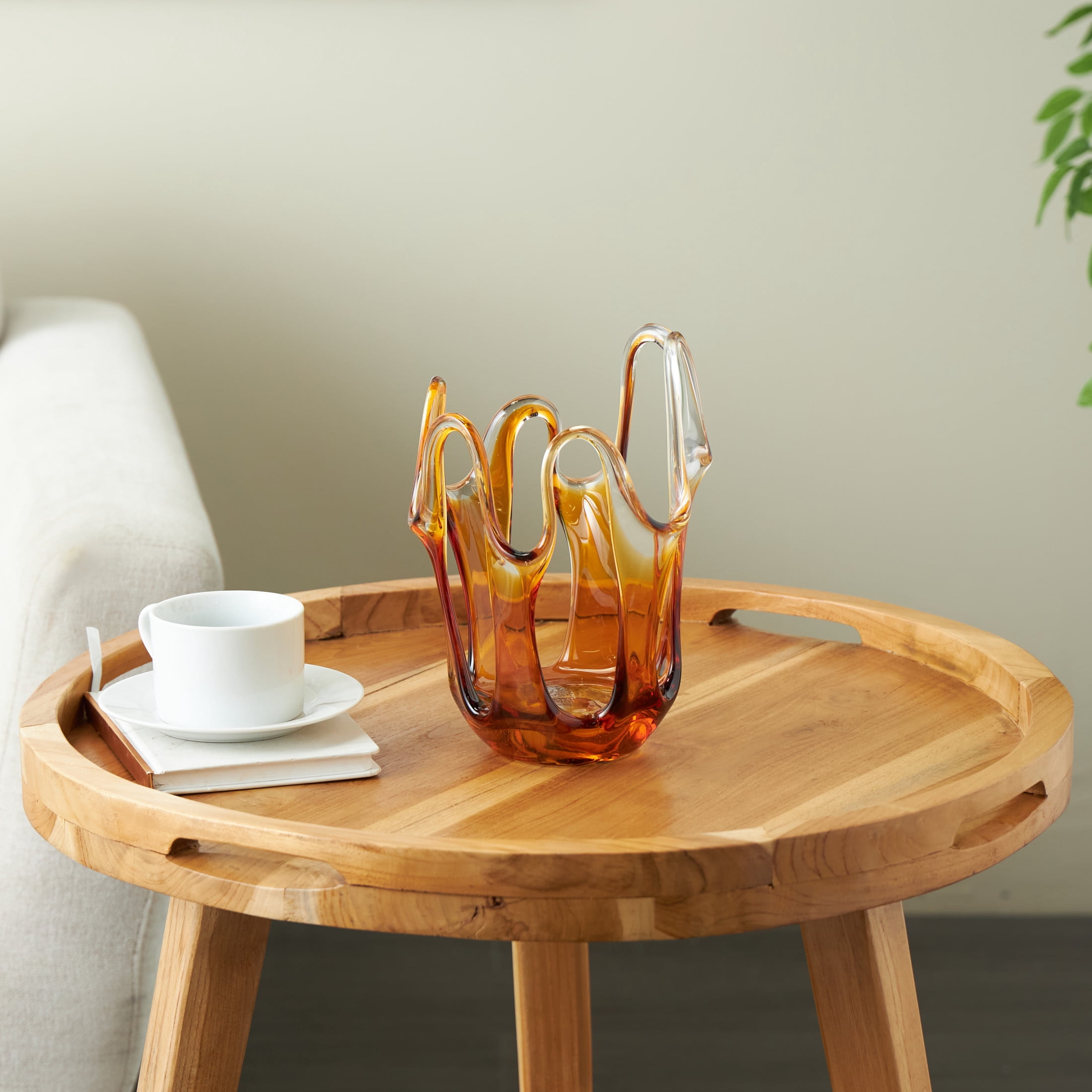 DecMode 10" Abstract Ombre Orange Glass Vase with Wavy Oval Cutouts
