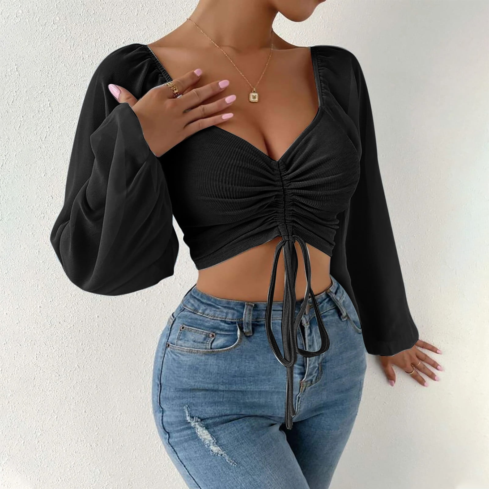 Tops for Women Sexy Deep V-Neck Long Sleeve Cropped Top Solid Color Mesh  Drawstring Casual Loose Summer Shirts 