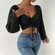 thumbnail image 5 of Blusa recortada con cuello en V y cordón de color sólido de malla de manga larga para mujer Pompotops  hkajfhjk471954, 5 of 9