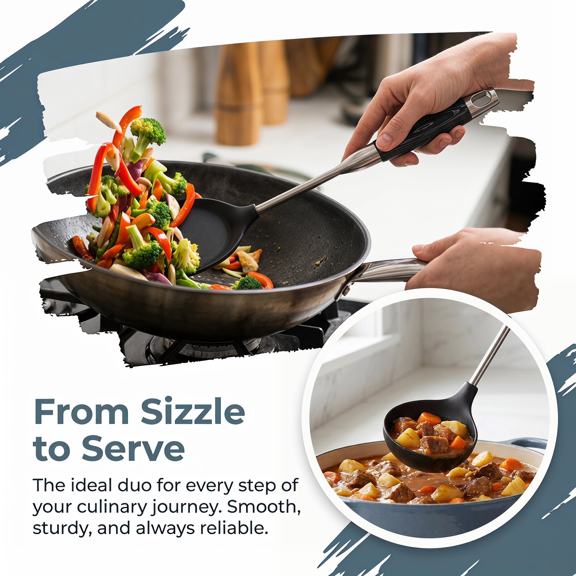 Unique Bargains Stainless Steel Two-tone Square Hole Kitchen Cooking Utensil Set Black-Silver A 2