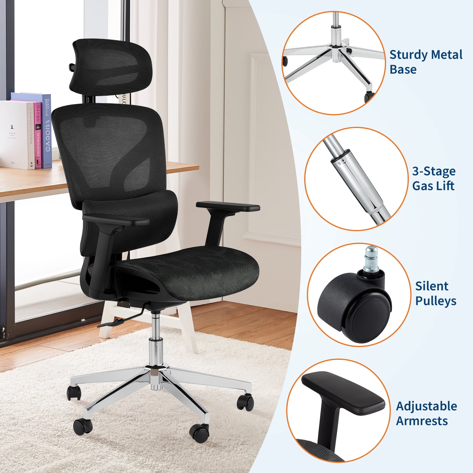 Accreate Ergonomic Mesh Office Chair, High-Back Executive Chair with Adjustable Lumbar Support, Breathable Desk Chair with 360° Swivel and Rolling Casters, Comfortable Computer Chair for Home Office