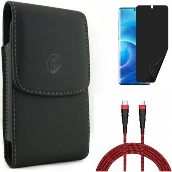 Privacy Screen Protector w 10ft PD Cable w Case Belt Clip for Samsung Galaxy S20 - TPU Film [NOT GLASS], Type-C to USB-C Charger Cord, Leather Holster N2X fits Samsung Galaxy S20 Model
