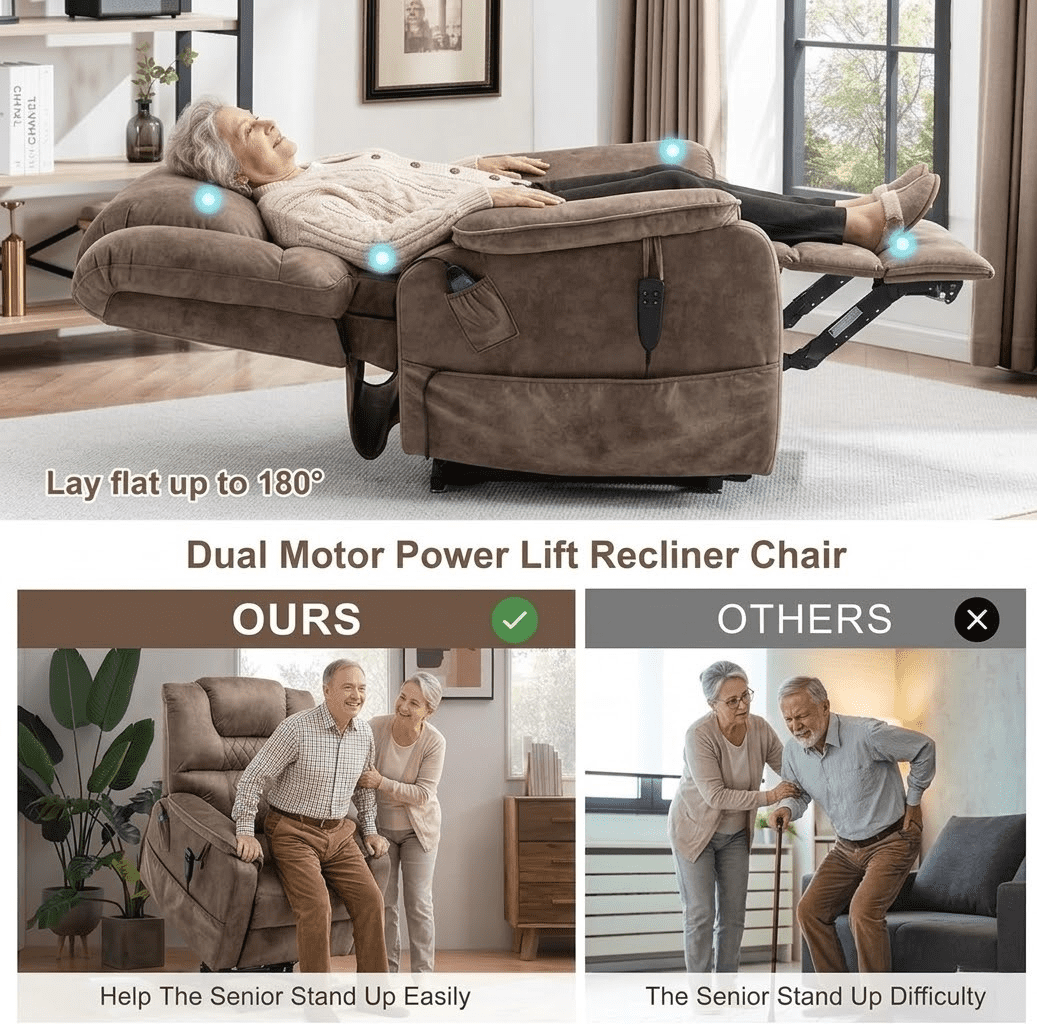 Howcool Lift Recliner Chair Lay Flat 180°, Dual Motor Power Lift Chair with Massage and Heating, Infinite Position Heavy Duty Oversized Recliner for Elderly Living Room,Brown