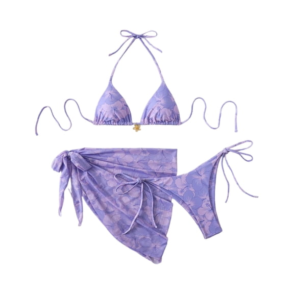 Women's 3 Piece Floral Halter Triangle Bikini Set Tie Back Swimsuit with Cover Up Skirt Summer Vacation Outfits (Purple,S)