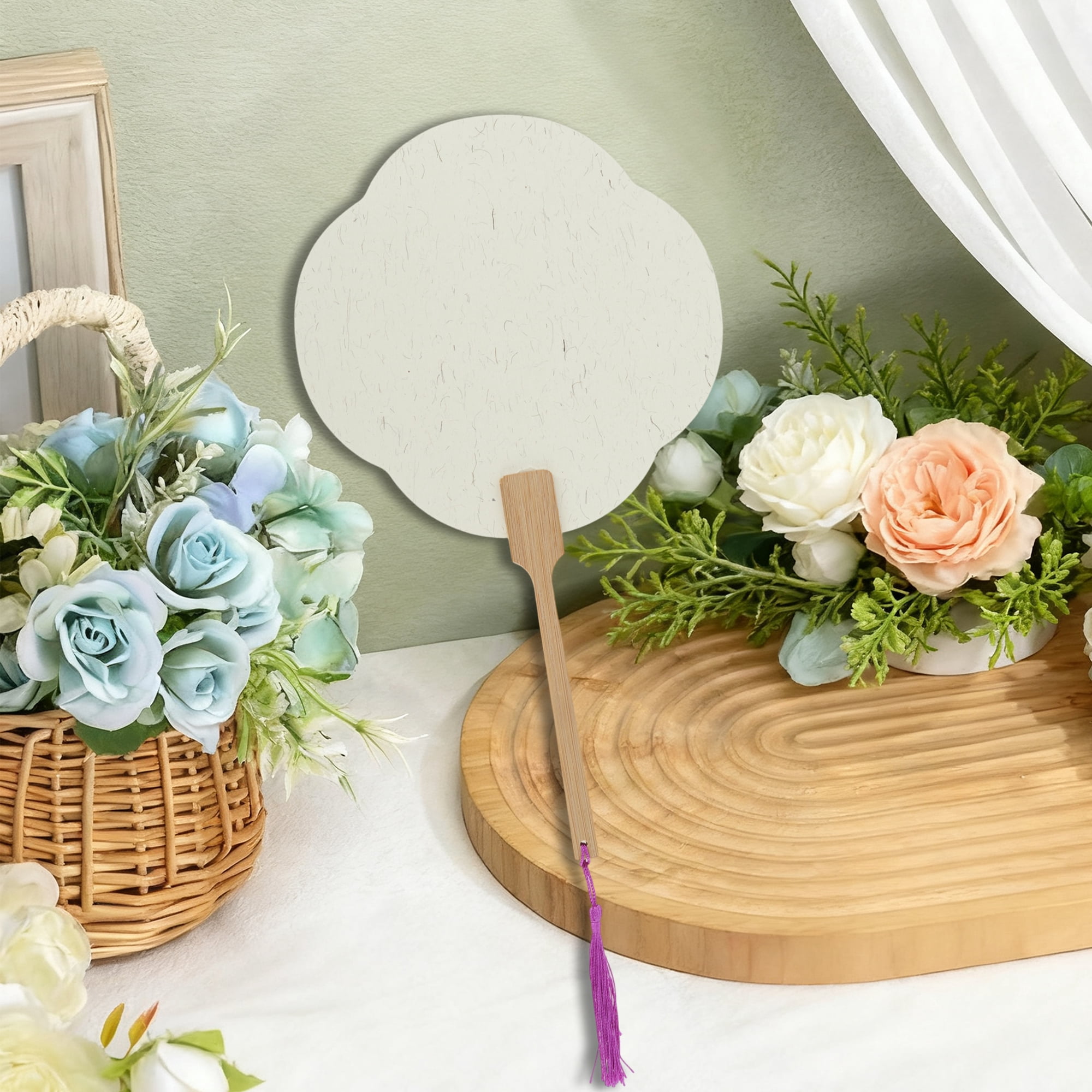 Unique Bargains Folding Fan 1Pc Gray White Long Handle Round Four-Petal Paper