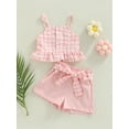 thumbnail image 2 of Bagilaanoe Newborn Baby Girls Summer OutfitS Button Ruffle Plaid Camisole Tops and Casual Shorts with Belt 3M 6M 9M 12M 18M Set, 2 of 9