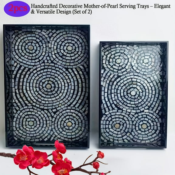 Set Of 2 Handmade Mother Of Pearl Mosaic Decorative Serving Trays - Elegant Coffee Table Tray For Home Decor, Ottoman, Vanity, Or Kitchen Use - Modern Luxury Trays For Dining, Living Room