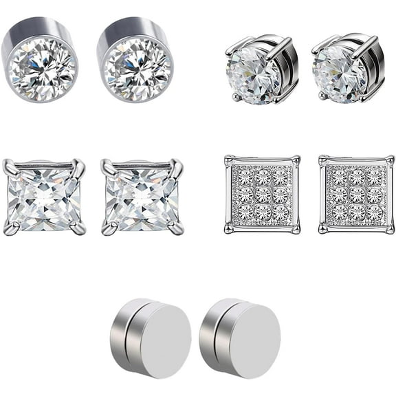 5 Pairs Magnetic Earrings, Magnetic Ear Stud Non Piercing Magnet Earrings For Men Women, Fake Earring Non Piercing Clip On Magnet Jewelry For Birthdays, Anniversaries (Silver)
