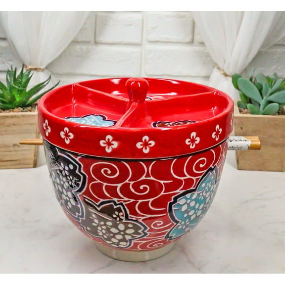 Ebros Udon Noodles & Tentsuyu Dipping Sauce 6"D Bowl & Choptick Set (Red Floral)