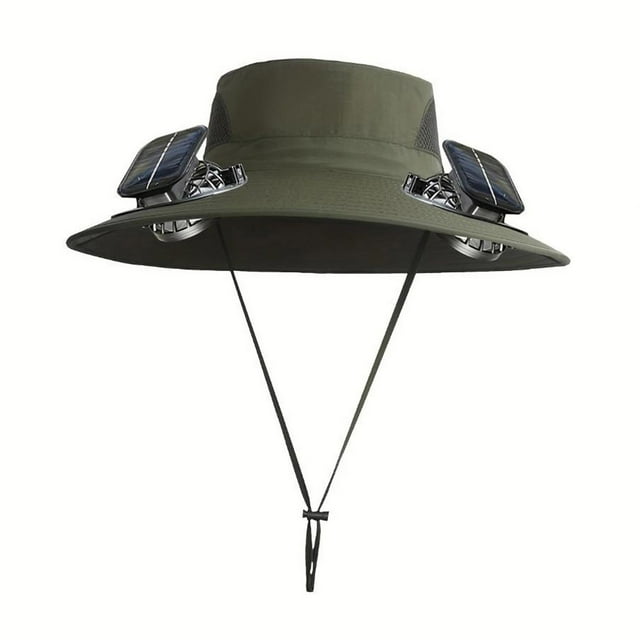 E Army Green Solar Fan Cap Wide Brim Fishing Hat Detachable Square Fans Rechargeable Quick Dry Waterproof Outdoor Sun Protection Men