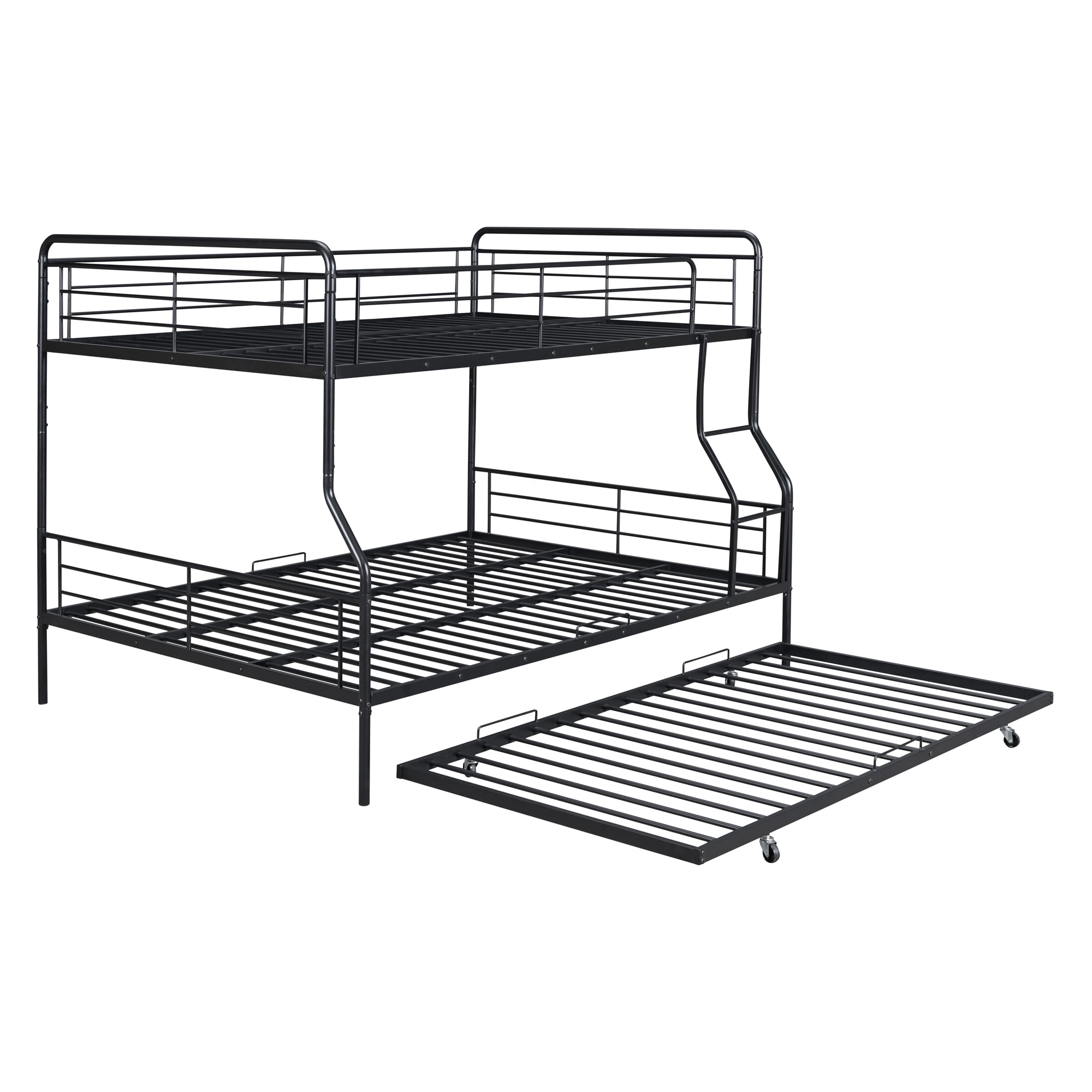 Full XL Over Queen Bunk Bed with Trundle,Heavy Duty Metal Bed Frame Sturdy Guard Rail for Kids/Adults,Can be Divided Into Two Beds,Black