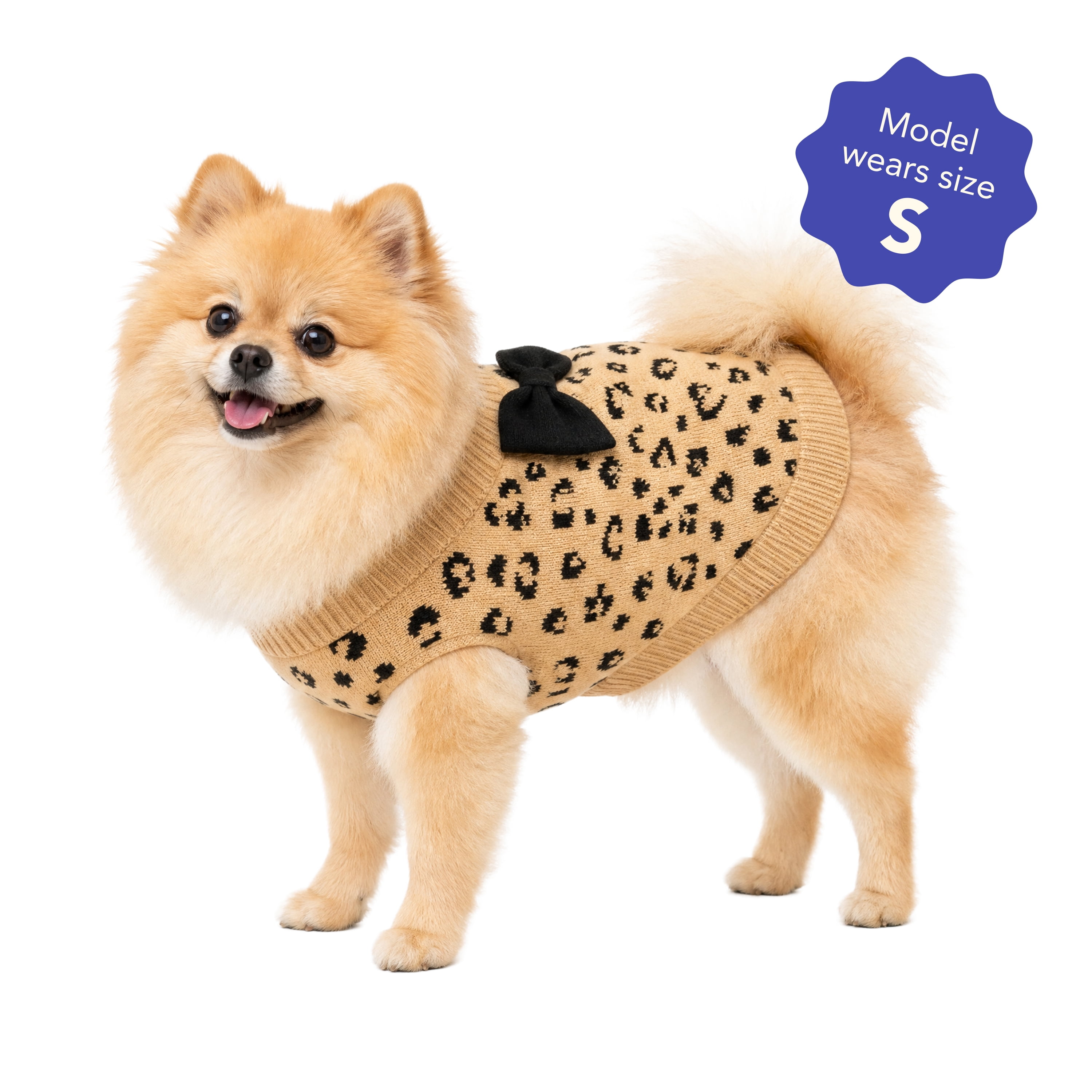 Oodles Leopard Print Bow Fall Dog Sweater, Tan, Small