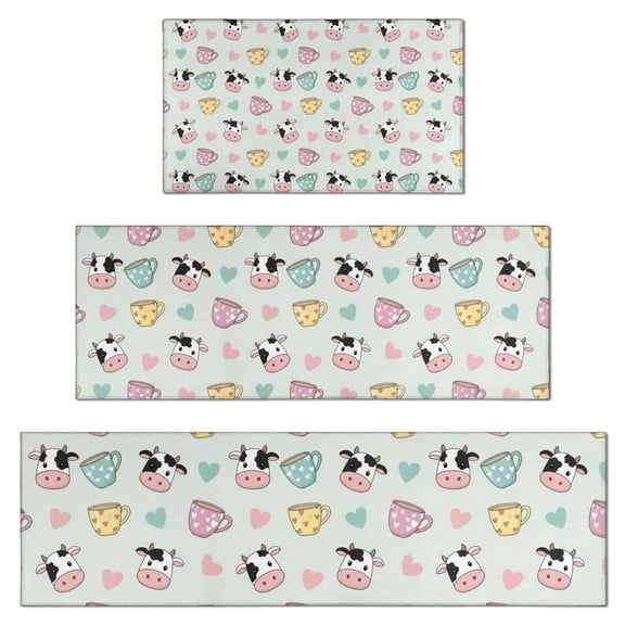 Green Cow Cup Pattern Kitchen Rugs Sets Of 3,Kitchen Runner Rugs Non Skid Washable,Decorative Kitchen Floor Mats for Kitchen,Sink,Laundry,17"x30" 17"x47" 17"x59"