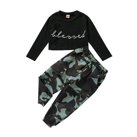 

2pcs Baby Girls Clothes Set Letter Print Long Sleeve T-Shirt+Camouflage Trousers Pants Fall Clothes