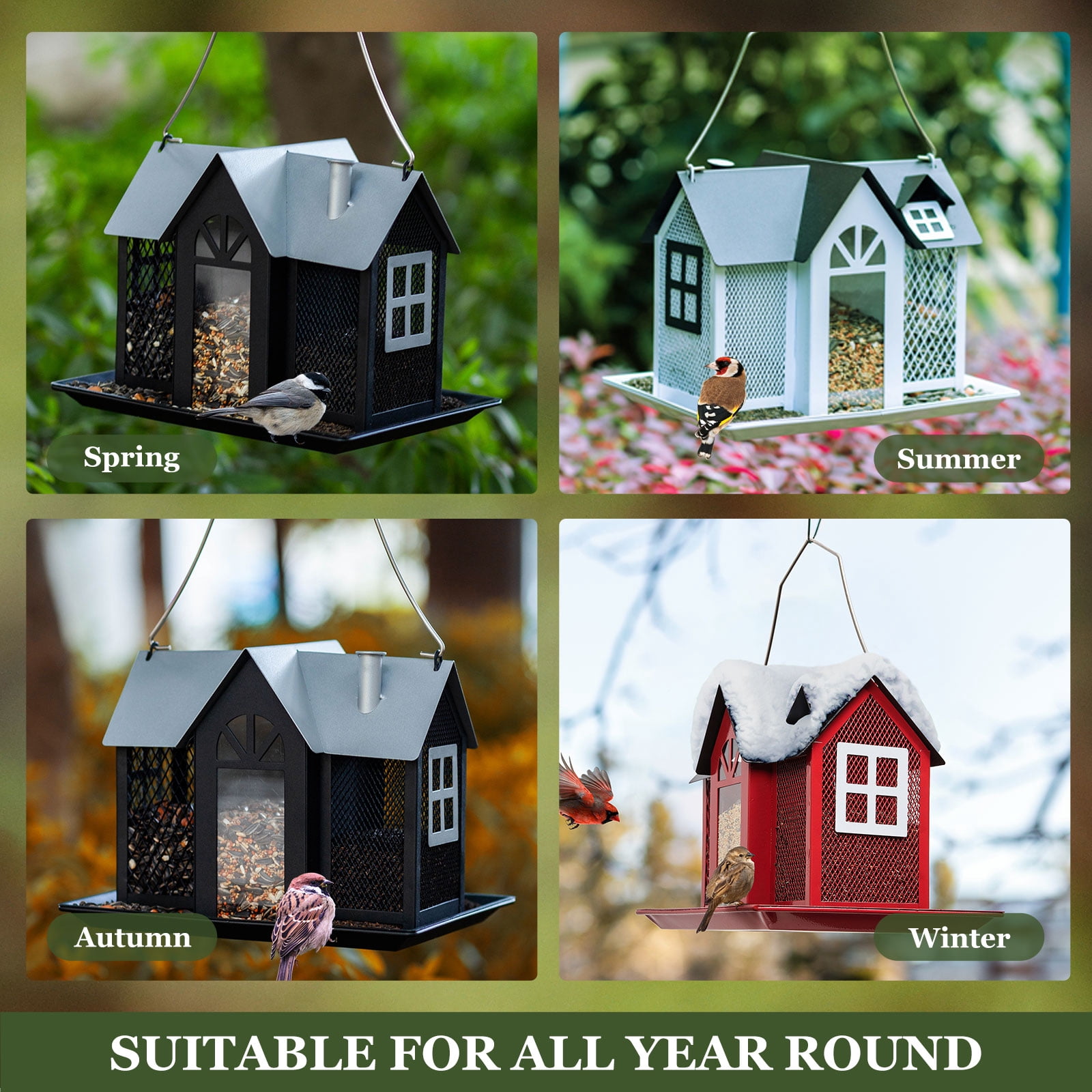 Kingsyard Weatherproof Metal Bird Feeder House, Triple Feeders for Outside Finch Cardinal, Black