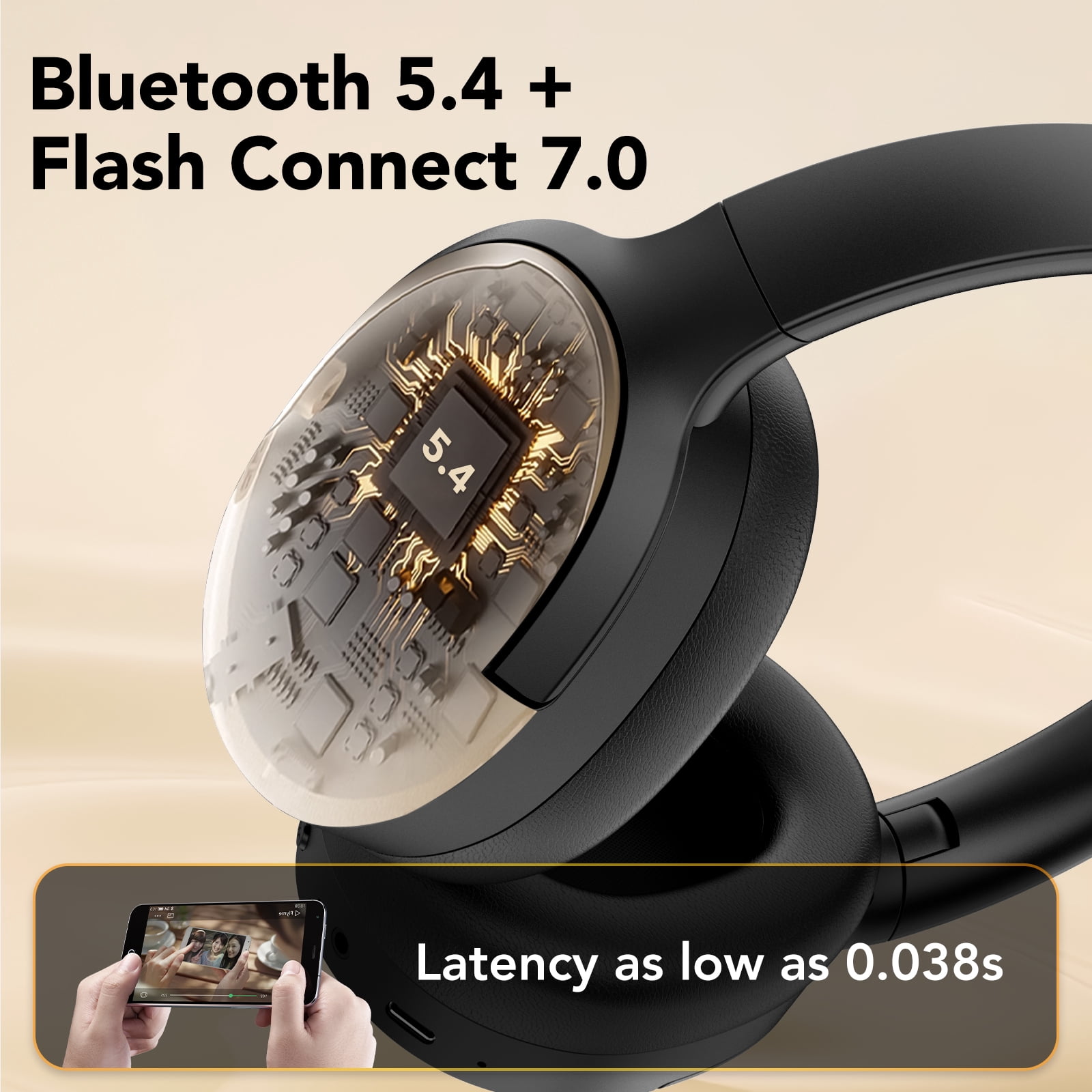 Active Noise Cancelling Headphones, -45dB Bluetooth Headphones 5.4, 50H Playtime Earbuds, Bass Boosted by 90%, Clear Call with 4 Mics, Comfort Fit Over Ear Headphones for Travel Home Office PC Black