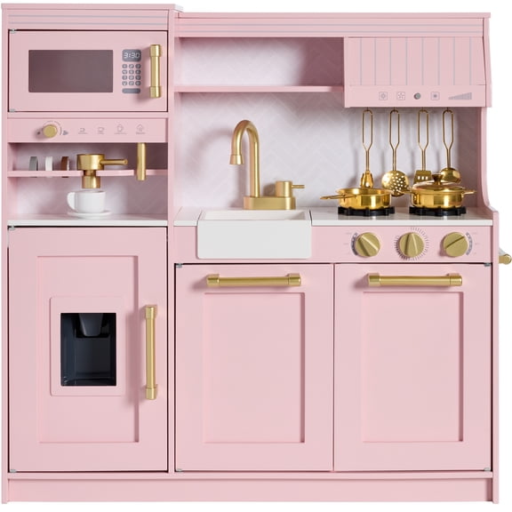 Best Choice Products Wooden Toddler Kitchen Playset with Espresso Machine, Toy Storage and 17 Accessories - Pink