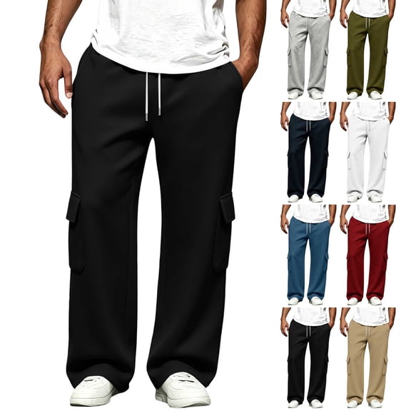 Men's Cargo Wide Leg Sweatpants Drawstring Elastic Waist Multi Pockets Straight Pants, Loose Drape Casual Trousers for Daily Loungewear and Walking