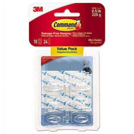 

2PK Command Clear Hooks and Strips Mini Plastic 0.5 lb Capacity 18 Hooks and 24 Strips/Pack (17006CLR18ES)