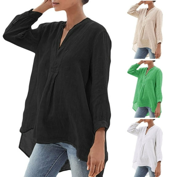 Elainilye Fashion Women Top Plus Size Summer Long Sleeves V-Neck Cotton Linen Loose Shirt Blouse,Black