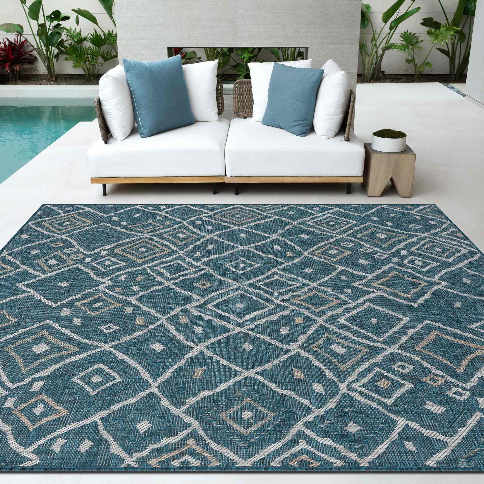 HR Diamond & Moroccan Pattern Outdoor Rug Waterproof, Mold/Stain/Fade