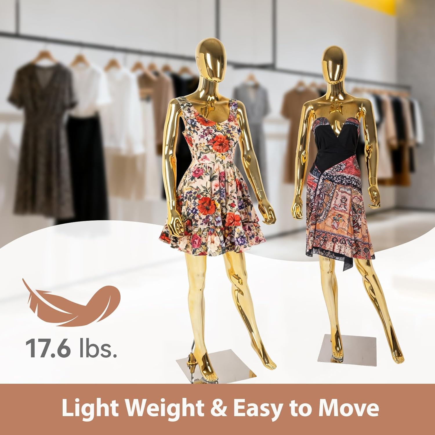 Kinbor Gold Full Body Female Mannequin - Elegant Tall Female Mannequin with Stable Metal Base, Manne quin Dress Form Display with Adjustable Head and Arms, Detachable Manikins