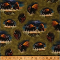 Cotton Wild Bison Buffalo Fields Pasture Animals Beasts Lightning Green Cotton Fabric Print by the Yard (2600-30028-G)