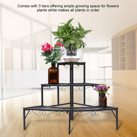 Plant Stand Corner WALFRONT 3-Tier Black Color Plant Stand Corner Shelf Metal Flower Pot Storage Rack Garden Display Holder, Corner Stand, Plant Corner Stand ()