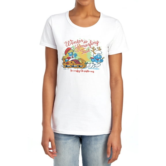 Smurfs Christmas Winter Is Smurfing Fast Smurfette Women's T Shirt, White, X-Large