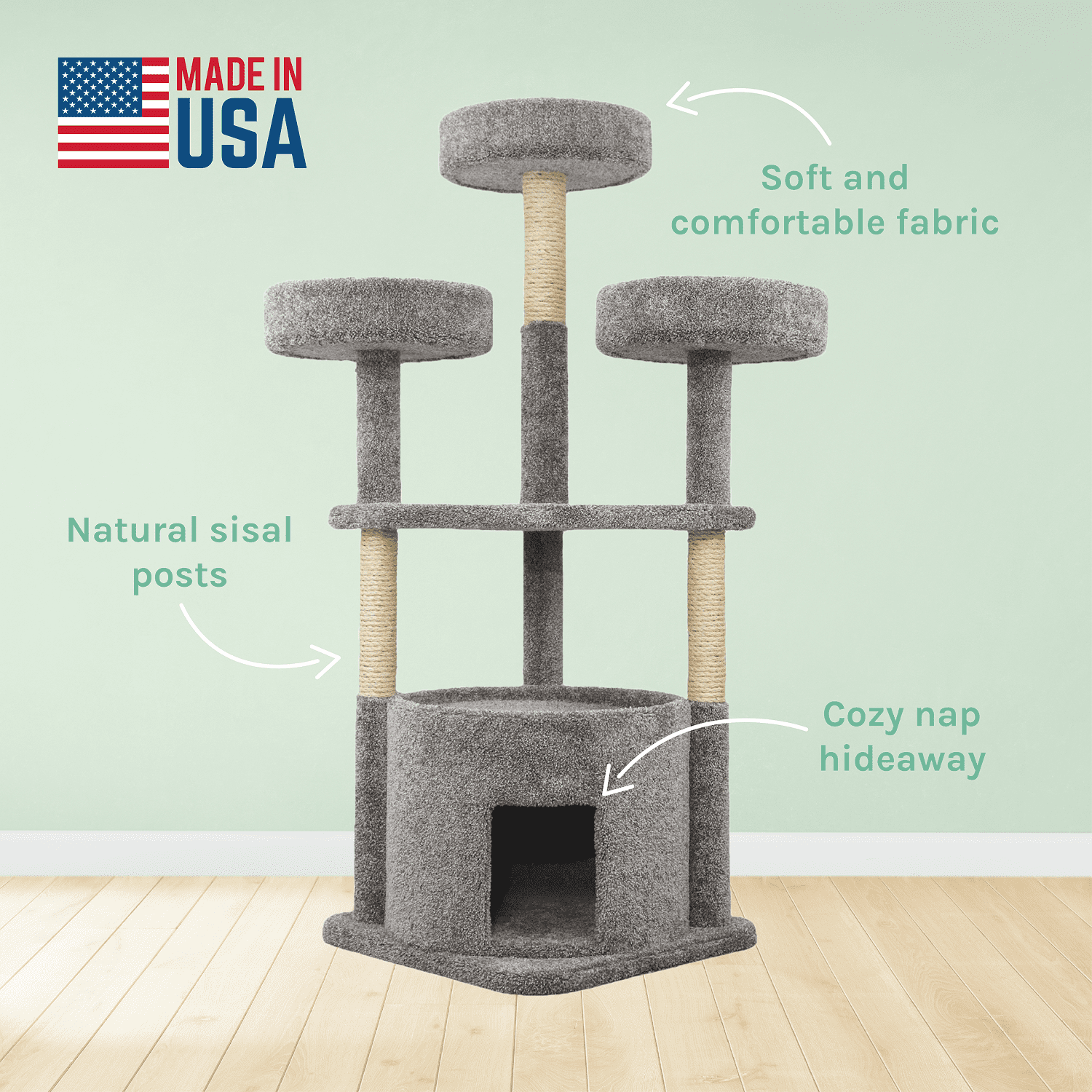 Kitty City 61-inch Multi-Level Upholstered Cat Tree with Scratching Posts, House & Perches