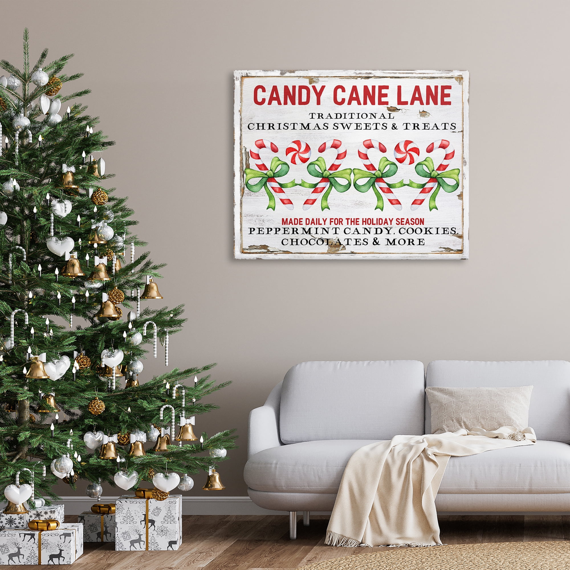 Stupell Industries Candy Cane Lane Sign Holiday Painting Gallery Wrapped Canvas Art Prints Wall Art, 48 x 36