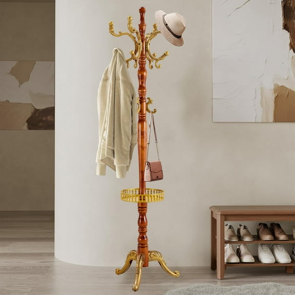Coat Rack Freestanding, Hall Tree with 11Hooks, Heavy Duty Wooden Coat Tree Stand, Adjustable Height, Sturdy Base for Bedroom Hallway Office - Load 300lbs
