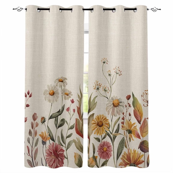 Fsddascl White Wildflowers Blackout Curtains for Bedroom/Living Room, Thermal Insulated Kitchen Curtains, Vintage Floral Daisy Autumn Plants Grommet Darkening Window Treatment Drapes 27.5"x39"x2