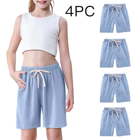 ITSAME Girls Athletic Shorts 4-Piece Elastic Waist Cotton Linen Lightweight Summer Fashion Casual Shorts Light Blue 11T